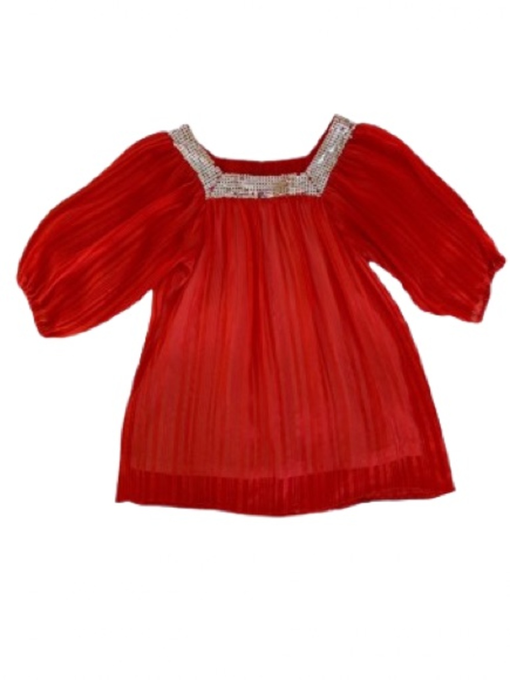 Grane Blouse Girls Size XL Red Silver Sequin Square Neck Sheer Lined Pleated